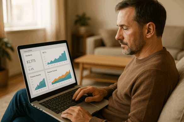 Investor at home reviewing dividend, REIT, and passive income dashboards on a laptop screen in 2025.