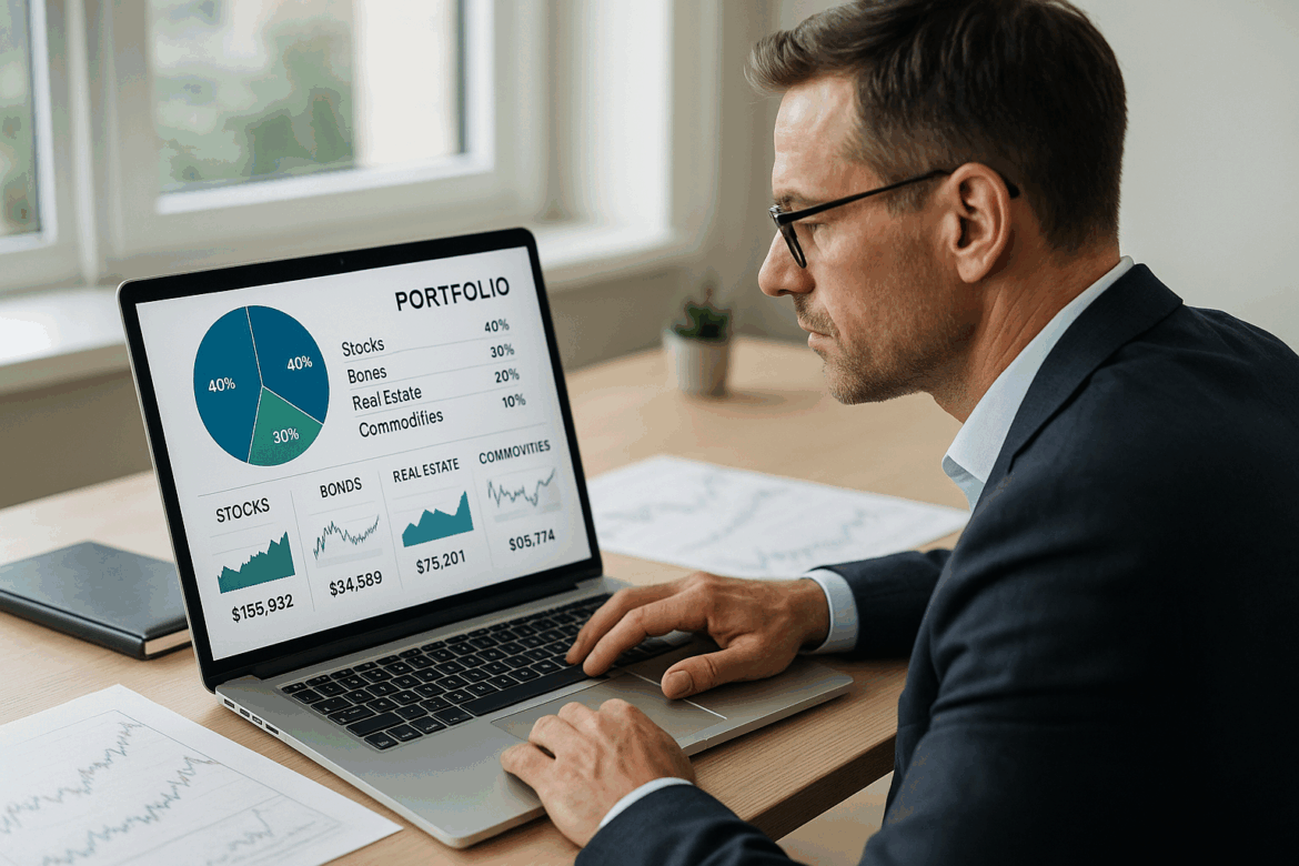 Investor reviewing a diversified portfolio with stocks, bonds, real estate, and commodities displayed on a laptop in 2025.