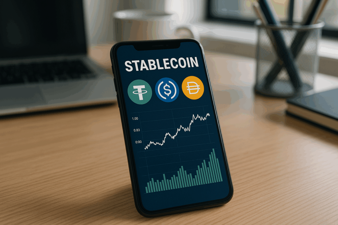 Stablecoin tokens (USDT, USDC, DAI) displayed on a smartphone with charts showing stability in 2025.