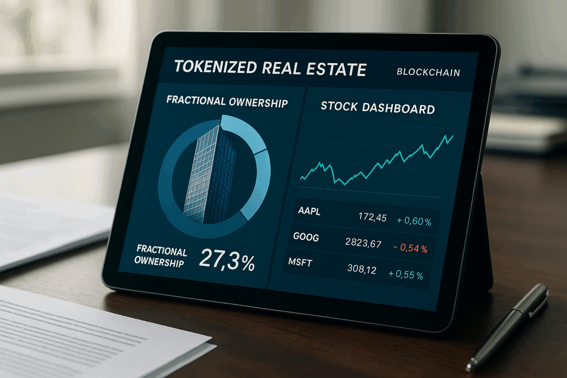 Tokenized real estate and stocks represented as blockchain-based digital assets in 2025.