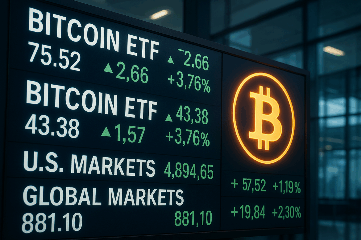Bitcoin ETF concept showing stock exchange board with Bitcoin logo, symbolizing USA and global adoption in 2025.