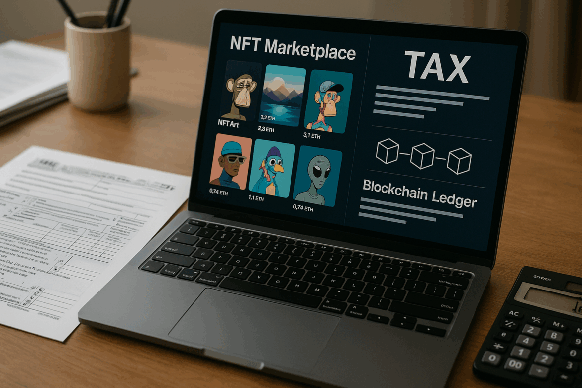 NFT tax concept showing digital art tokens with government tax forms and blockchain ledger in 2025.