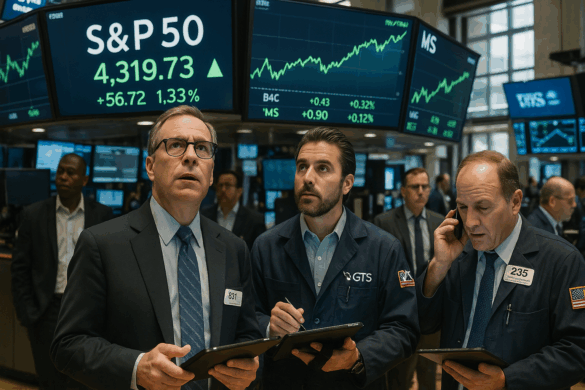 Traders watch stock indexes on monitors as Bank of America and Morgan Stanley announce strong 2025 earnings.