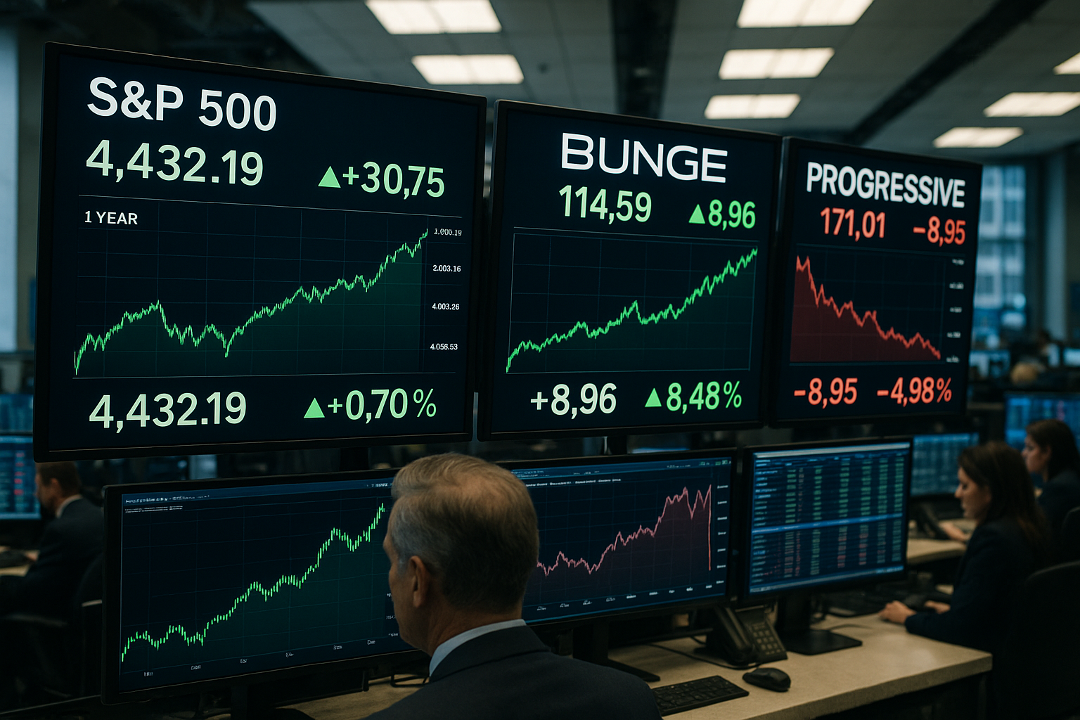 Traders monitor S&P 500 charts as Bunge stock rises and Progressive plunges on mixed earnings. Traders monitor S&P 500 charts as Bunge stock rises and Progressive plunges on mixed earnings.