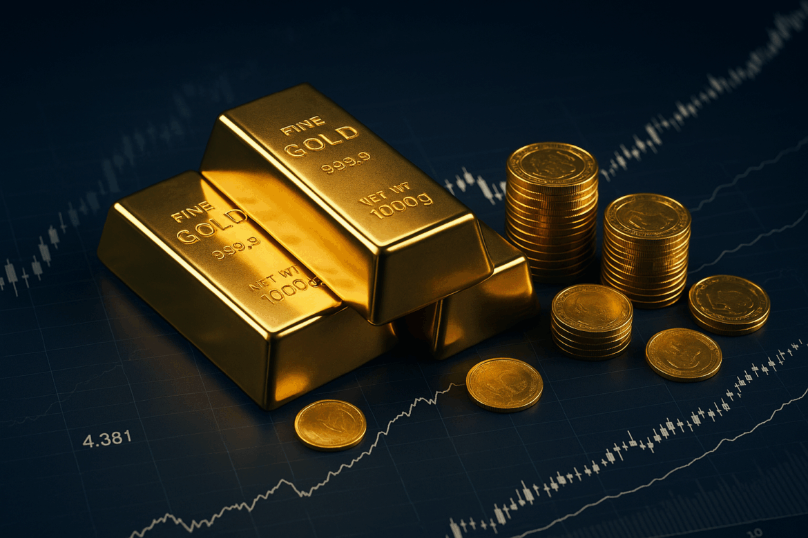 Gold bars stacked on financial charts showing record high prices in October 2025 with dramatic upward trend before market correction