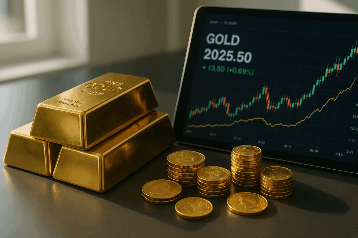 Gold bars and coins on a modern trading desk beside a digital tablet showing gold price charts in 2025. Gold bars and coins on a modern trading desk beside a digital tablet showing gold price charts in 2025.