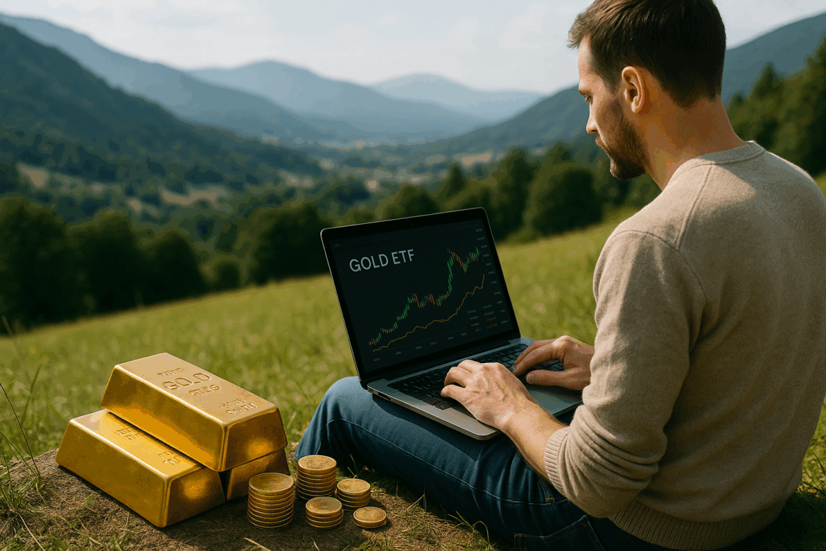 Comparison of physical gold bars and gold ETF investment on a laptop in 2025. Comparison of physical gold bars and gold ETF investment on a laptop in 2025.