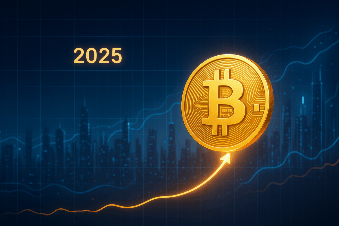 “Golden Bitcoin icon rising against futuristic data-chart background, symbolizing Bitcoin price prediction for 2025”.
