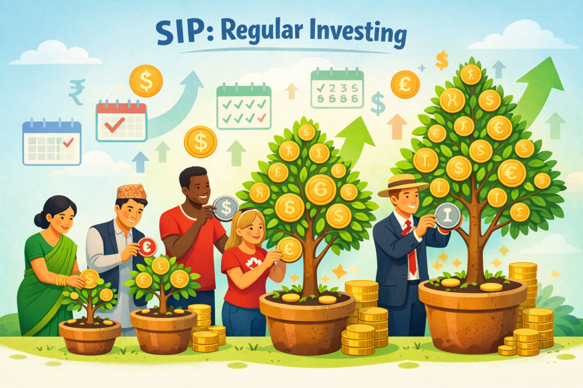 Diverse investors engaging in SIP investment, represented by a growing money tree with global financial elements for systematic wealth building in 2025.