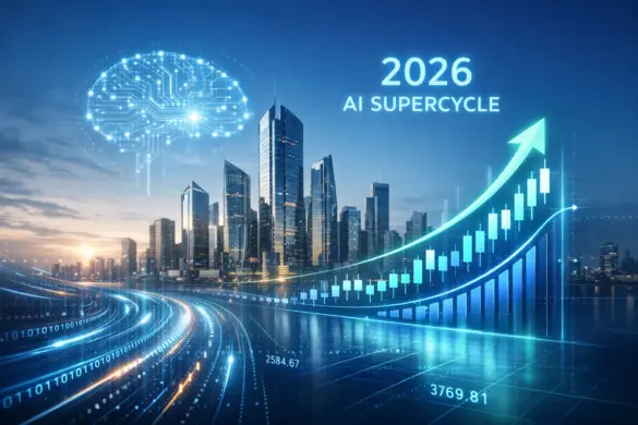 Illustration of AI-driven financial growth with data streams and rising charts representing the AI supercycle in finance.